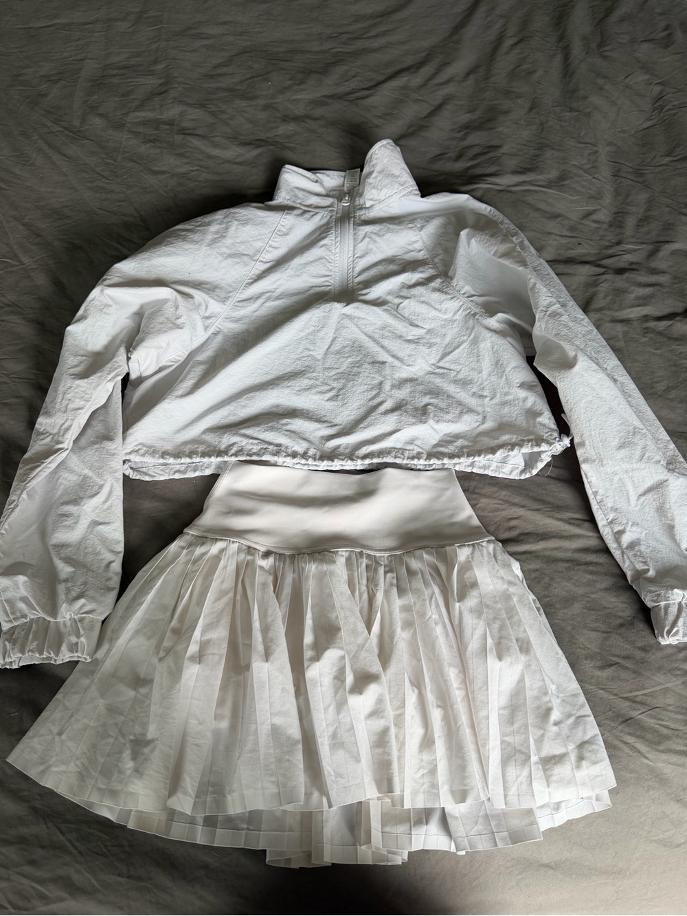 Alo White Cropped Windbreaker and Pleated Skirt Set